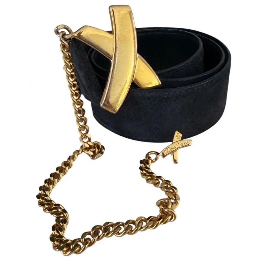 Paloma Picasso Black Suede Leather Belt Gold X Buckle Chain Vintage Italy M/75
